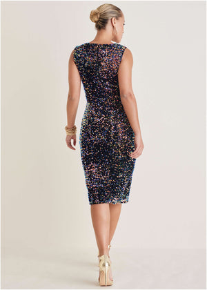 Plunge Sequin Midi Dress - Fantasy Sequins - thumbnail-3